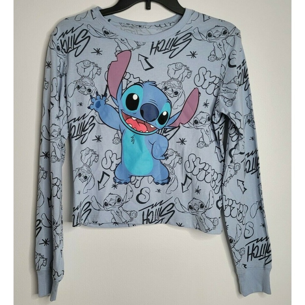 Disney Lilo and STITCH Graphic Shirt Long Sleeve Top All Over Design Blue Small